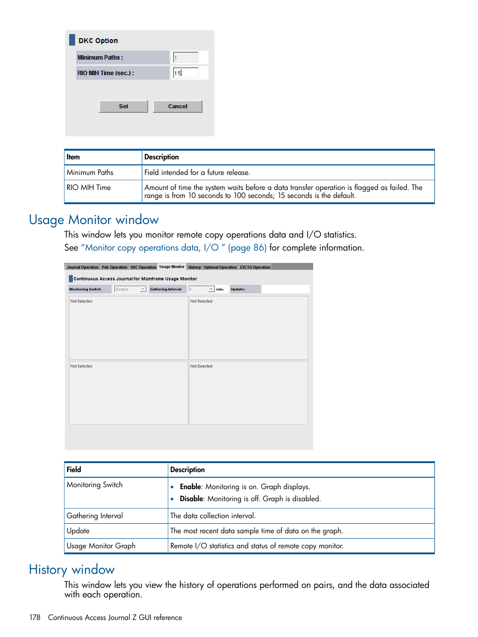 Usage monitor window, History window, Usage monitor window history window | HP XP P9500 Storage User Manual | Page 178 / 193