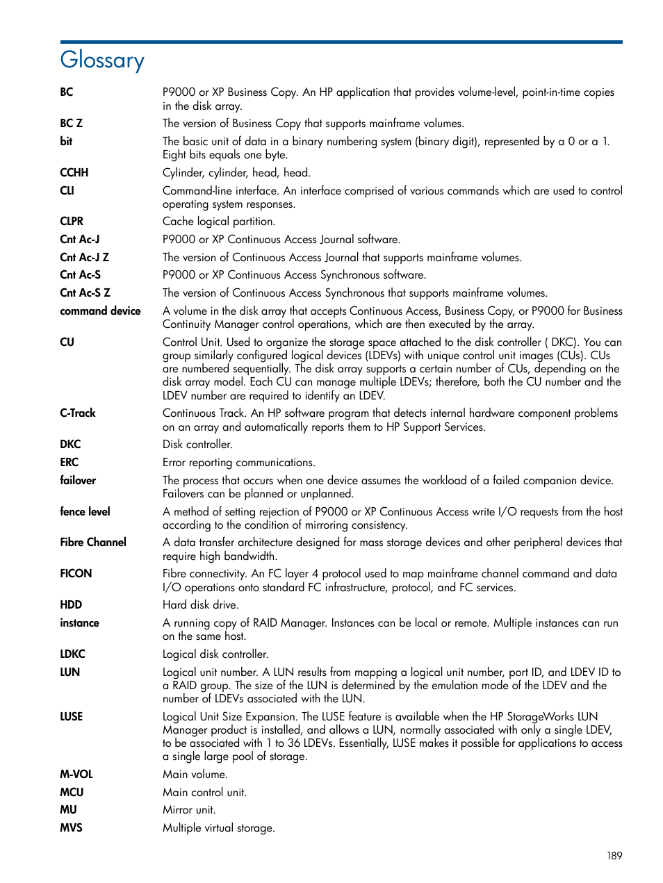 Glossary | HP XP P9500 Storage User Manual | Page 189 / 193