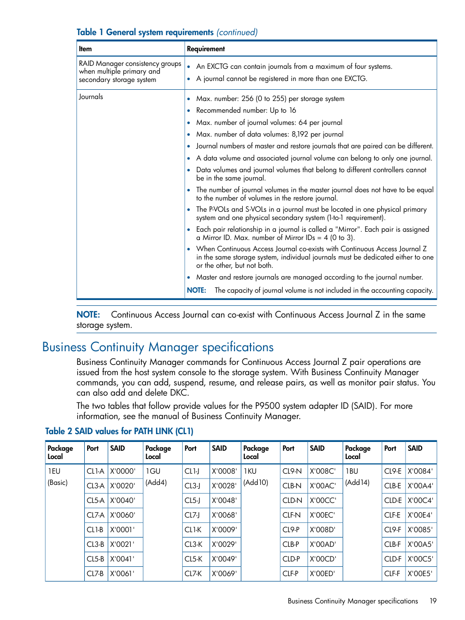 Business continuity manager specifications | HP XP P9500 Storage User Manual | Page 19 / 193