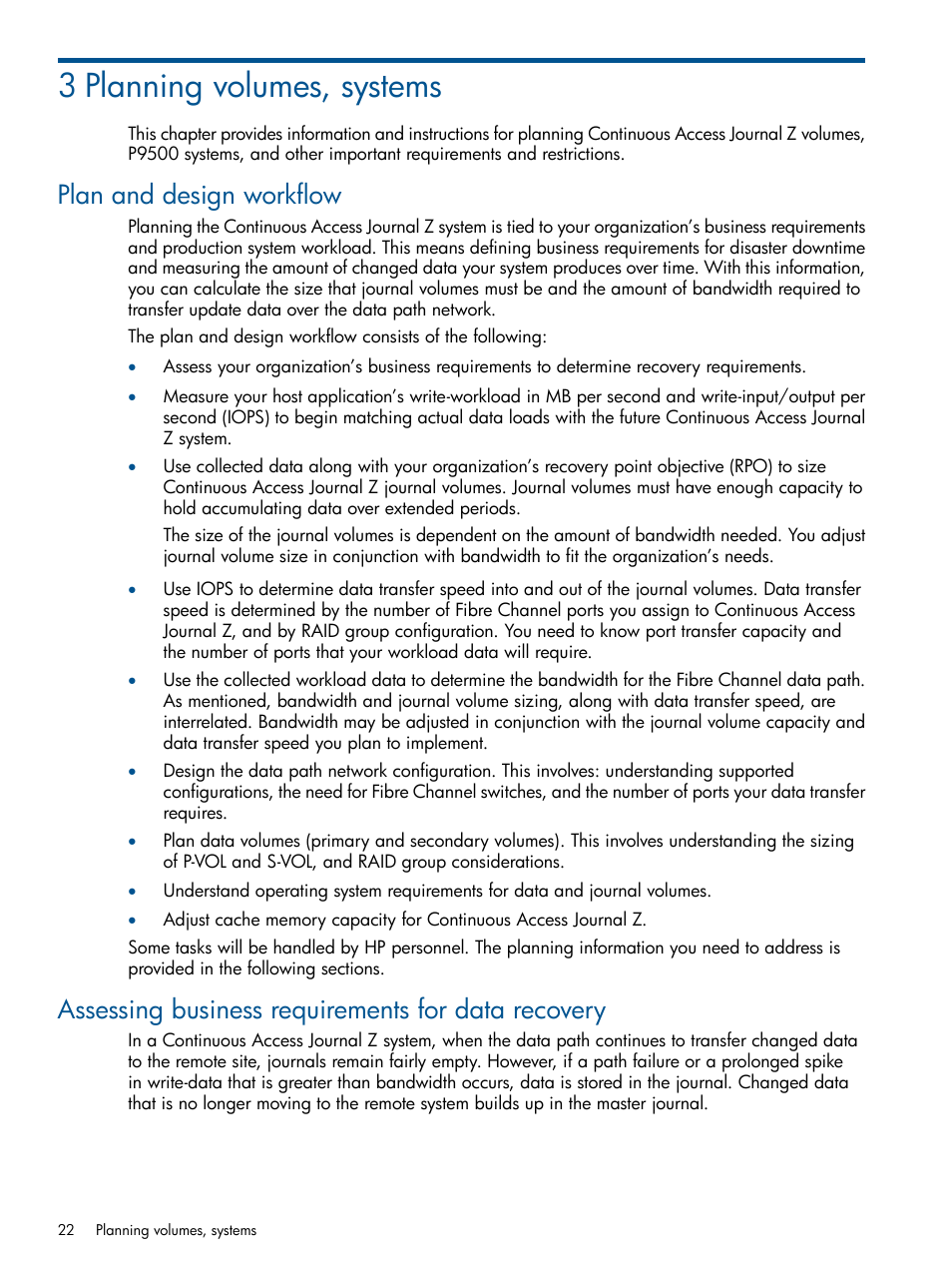 3 planning volumes, systems, Plan and design workflow, Assessing business requirements for data recovery | HP XP P9500 Storage User Manual | Page 22 / 193