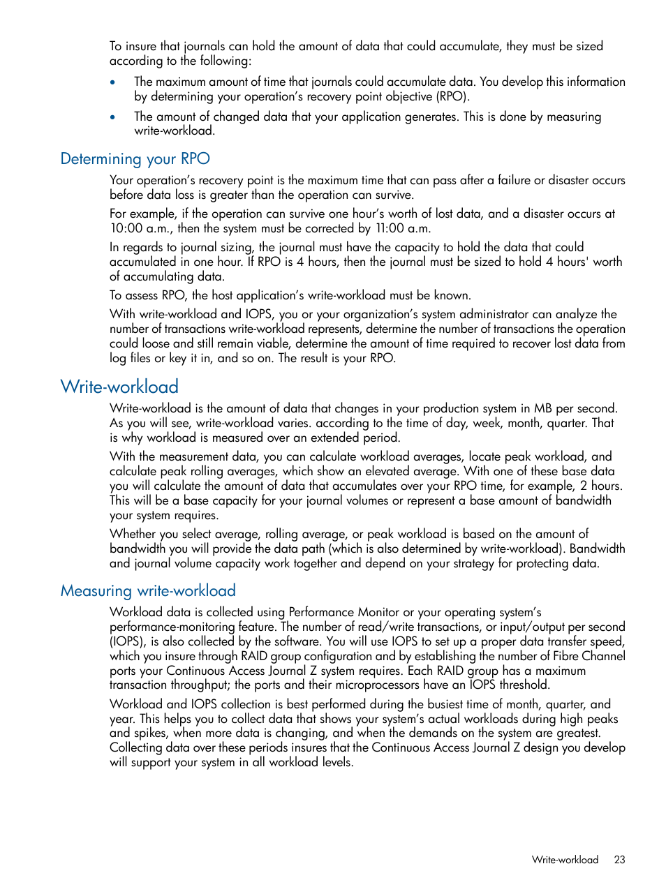 Determining your rpo, Write-workload, Measuring write-workload | HP XP P9500 Storage User Manual | Page 23 / 193