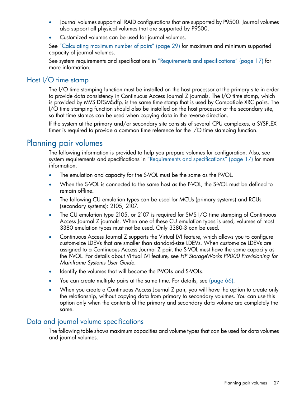 Host i/o time stamp, Planning pair volumes, Data and journal volume specifications | HP XP P9500 Storage User Manual | Page 27 / 193