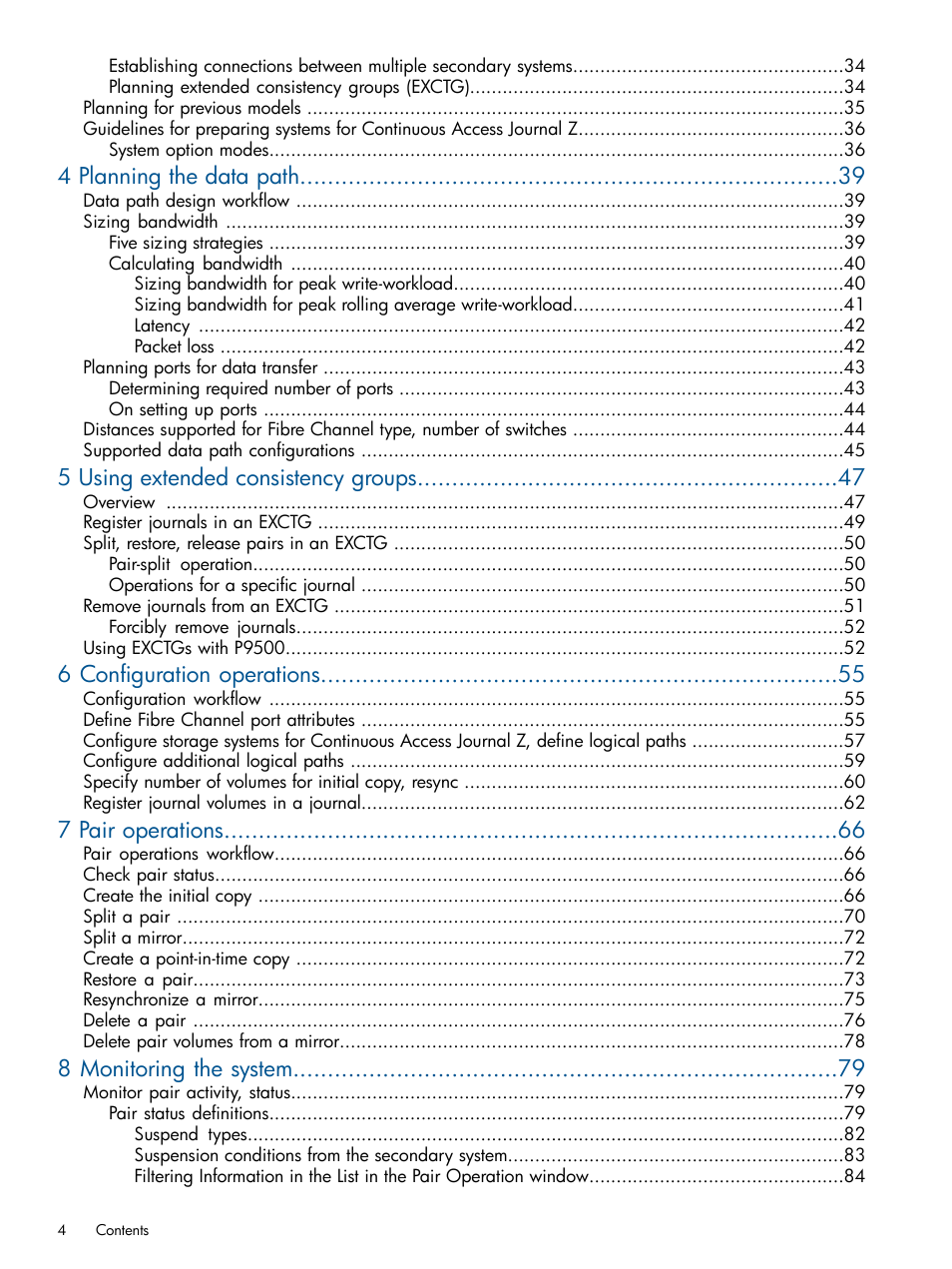 4 planning the data path, 5 using extended consistency groups, 6 configuration operations | 7 pair operations, 8 monitoring the system | HP XP P9500 Storage User Manual | Page 4 / 193