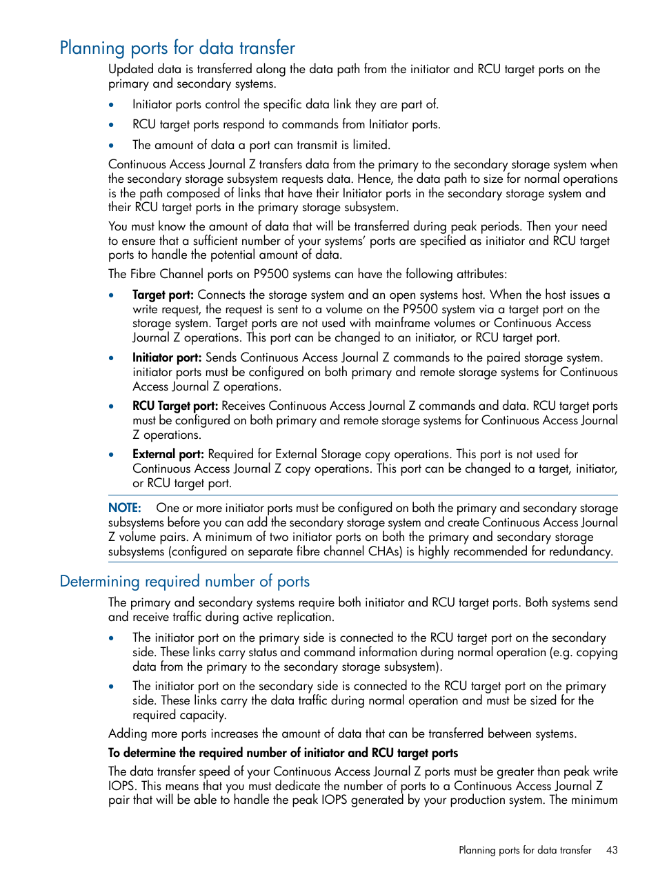 Planning ports for data transfer, Determining required number of ports | HP XP P9500 Storage User Manual | Page 43 / 193