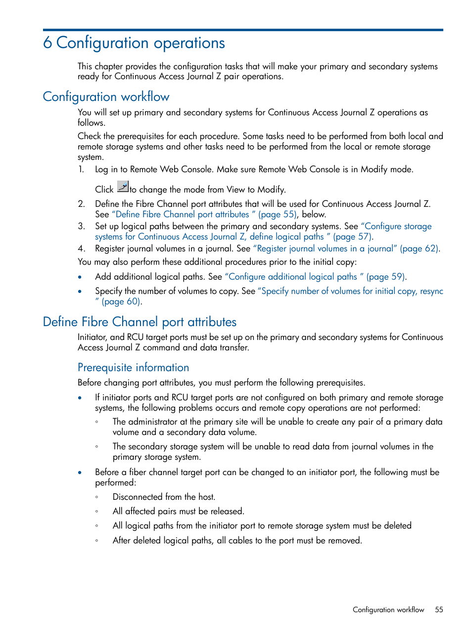 6 configuration operations, Configuration workflow, Define fibre channel port attributes | Configuration, Prerequisite information | HP XP P9500 Storage User Manual | Page 55 / 193