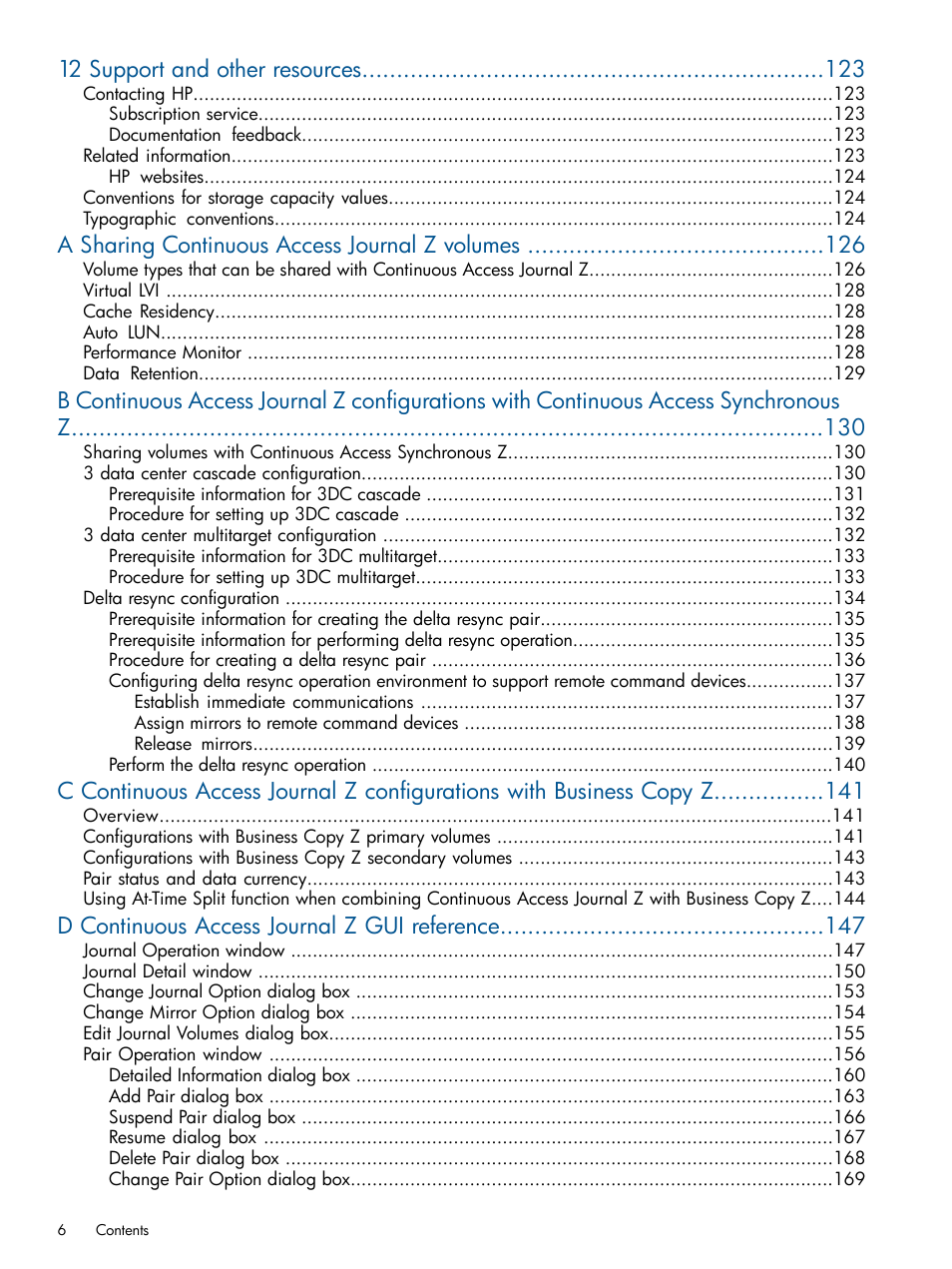 12 support and other resources, A sharing continuous access journal z volumes, D continuous access journal z gui reference | HP XP P9500 Storage User Manual | Page 6 / 193