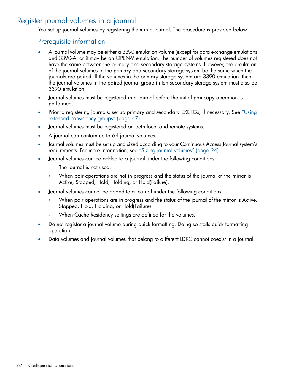 Register journal volumes in a journal, Prerequisite information | HP XP P9500 Storage User Manual | Page 62 / 193