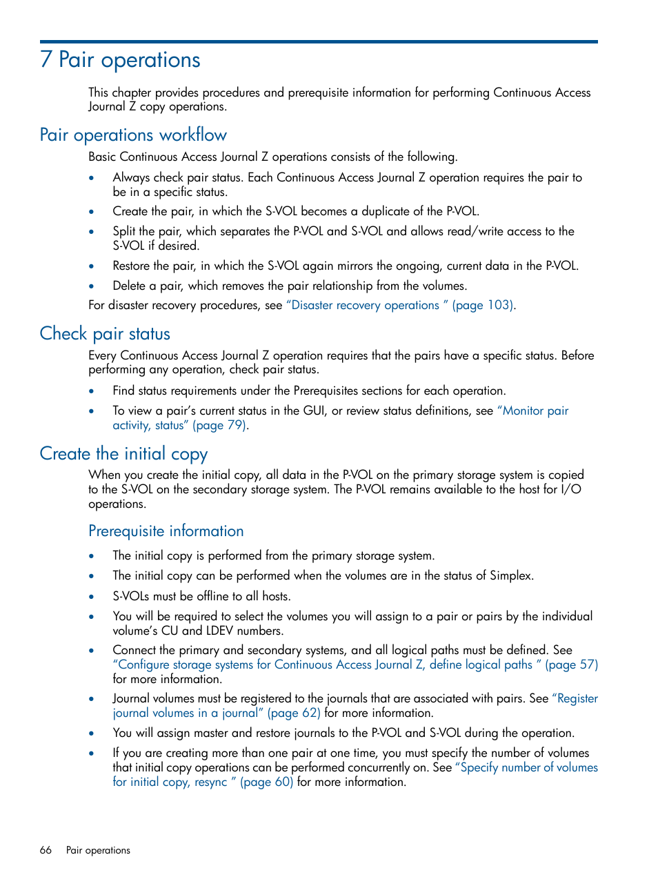 7 pair operations, Pair operations workflow, Check pair status | Create the initial copy, Prerequisite information | HP XP P9500 Storage User Manual | Page 66 / 193