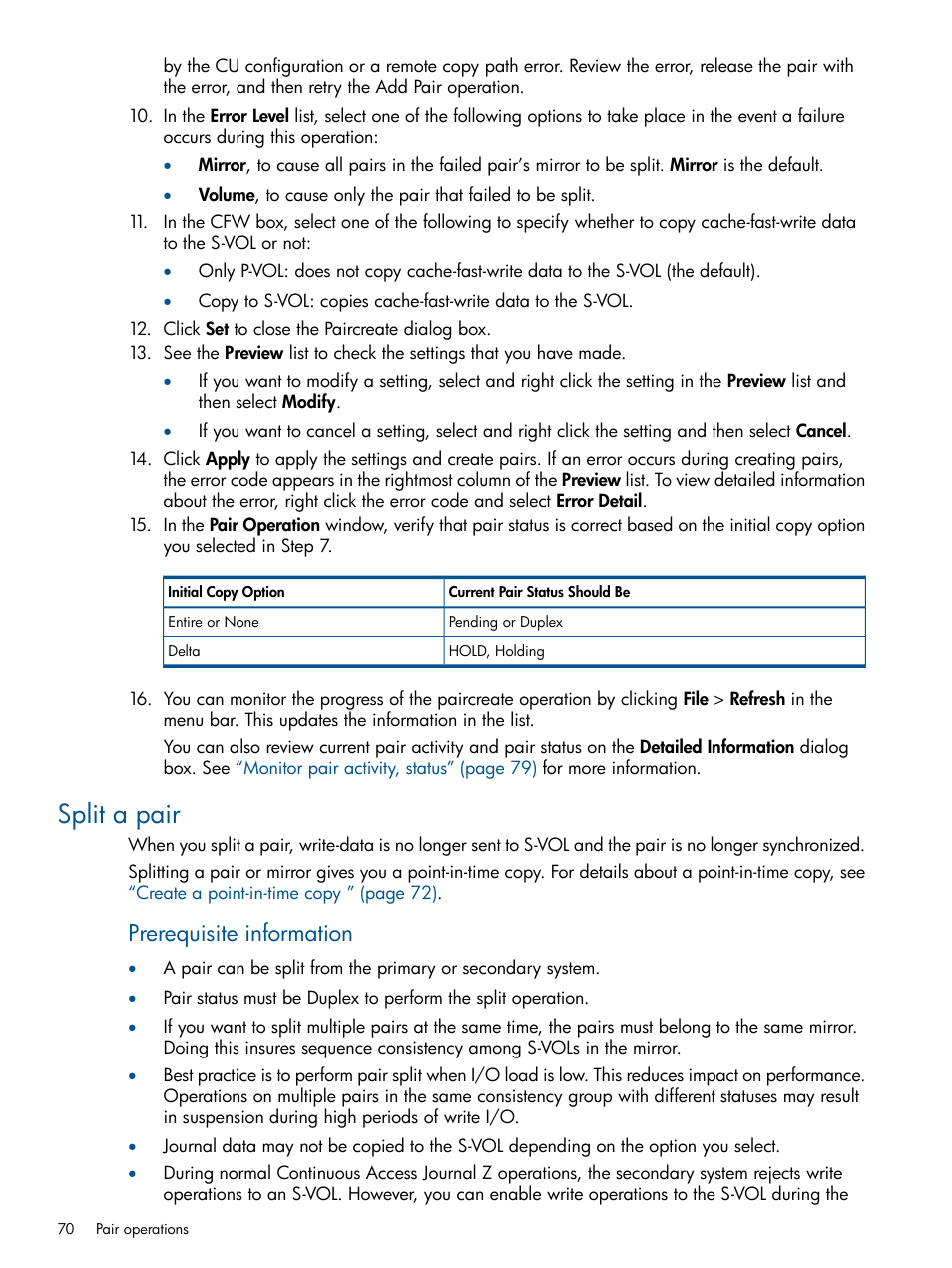 Split a pair, Prerequisite information | HP XP P9500 Storage User Manual | Page 70 / 193