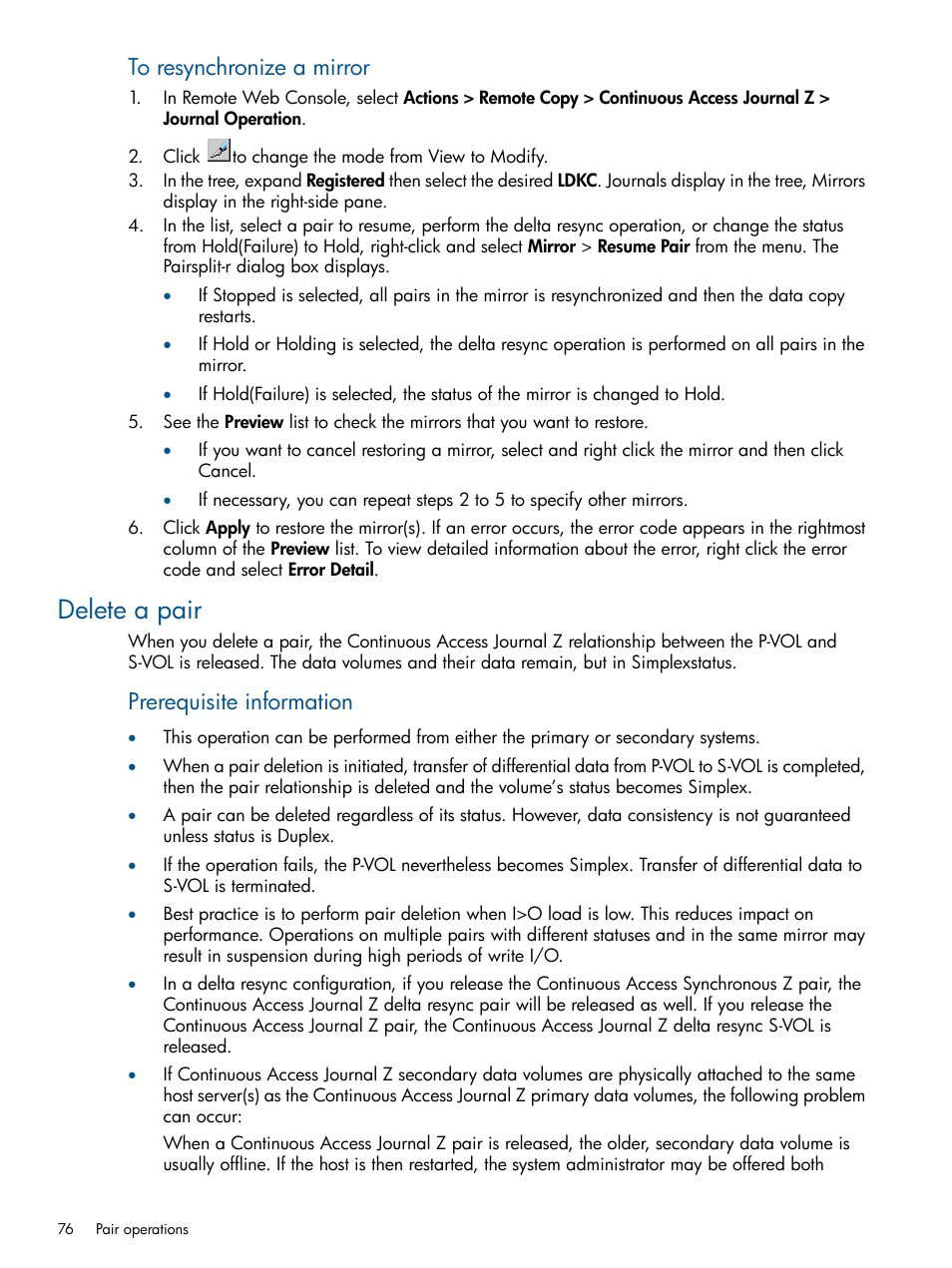 Delete a pair, Prerequisite information | HP XP P9500 Storage User Manual | Page 76 / 193