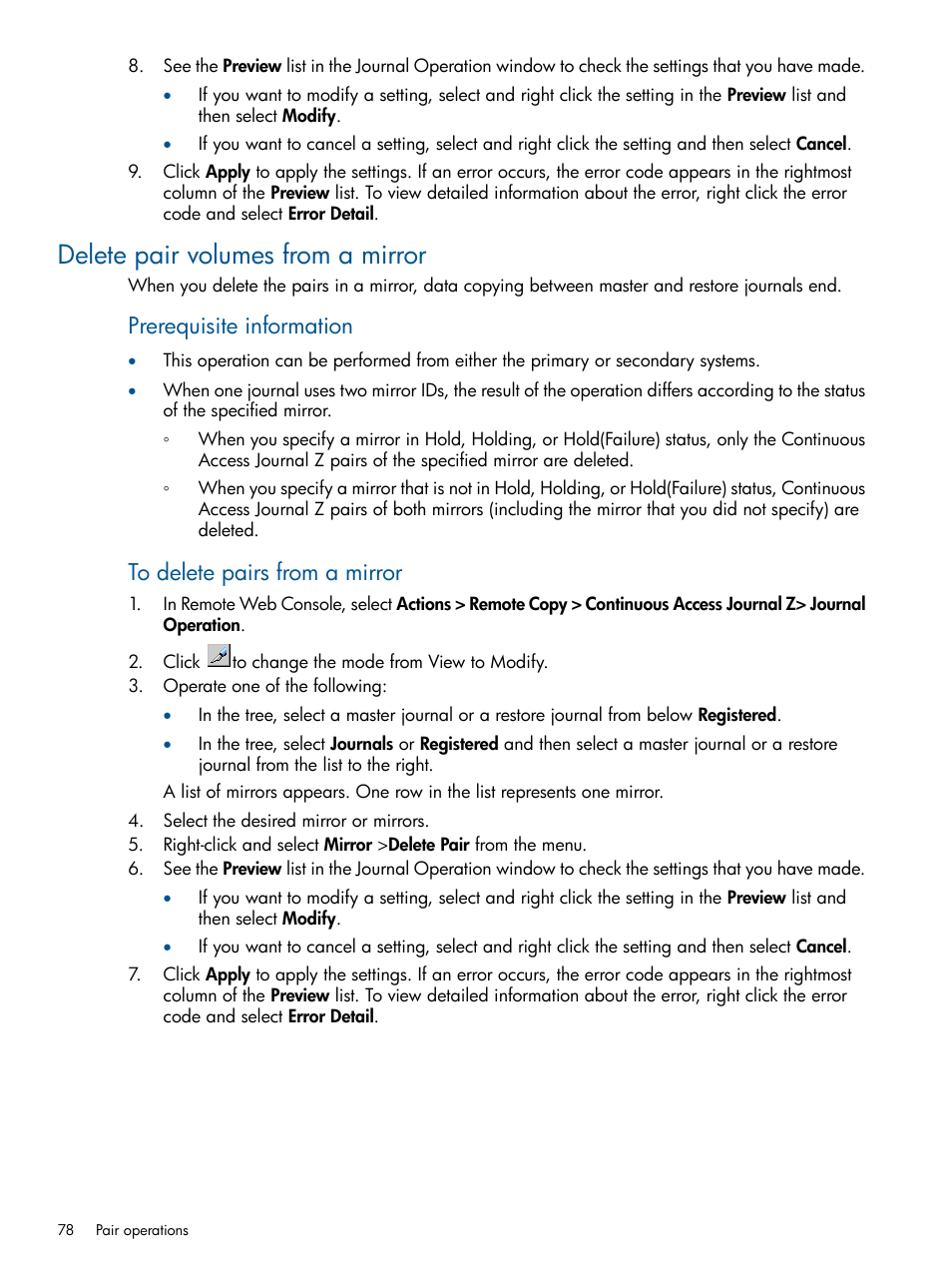 Delete pair volumes from a mirror, Prerequisite information | HP XP P9500 Storage User Manual | Page 78 / 193