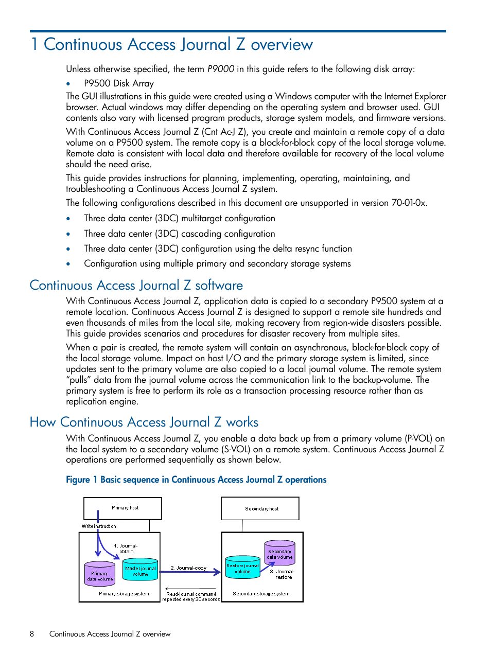 1 continuous access journal z overview, Continuous access journal z software, How continuous access journal z works | HP XP P9500 Storage User Manual | Page 8 / 193