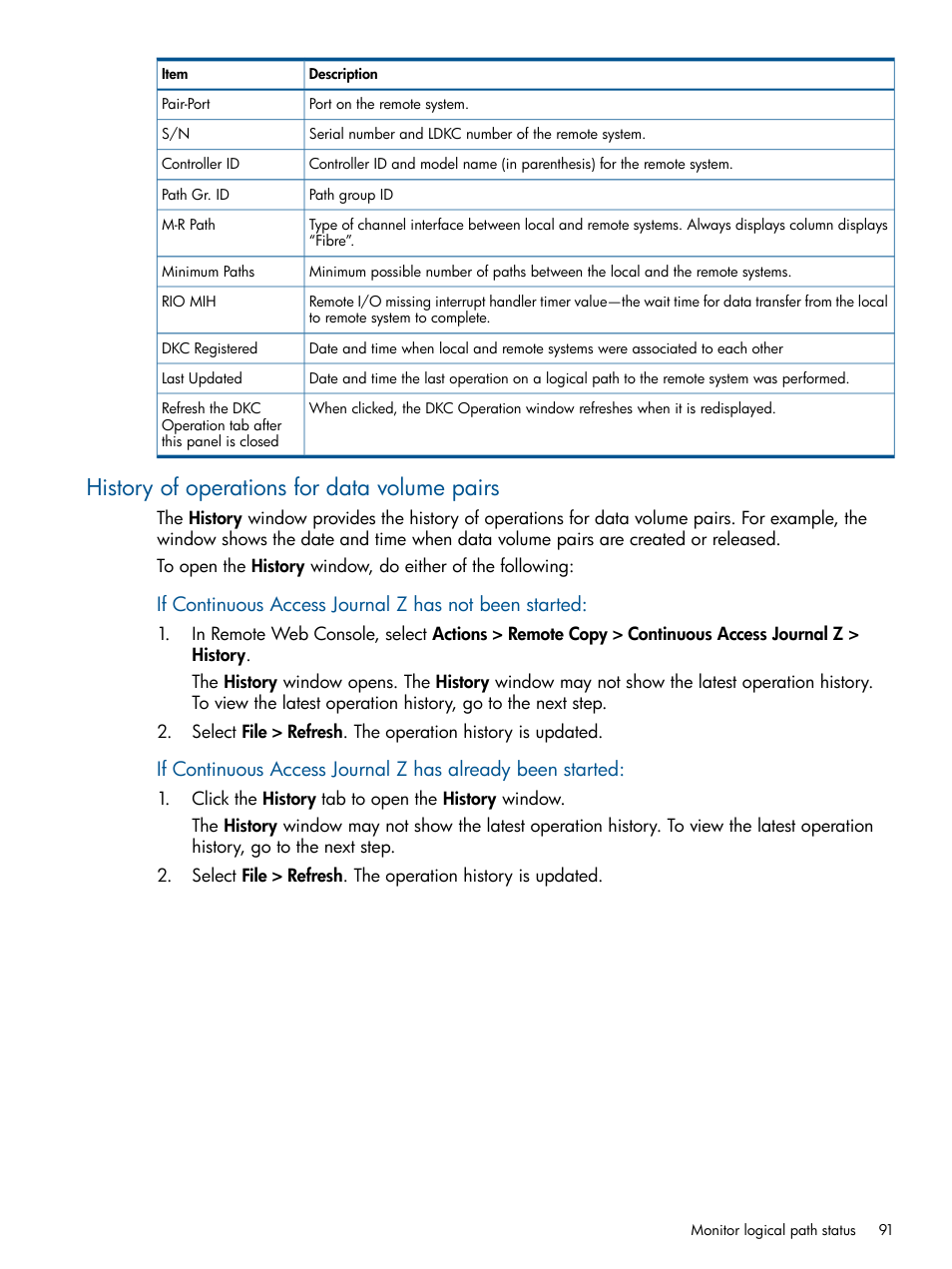 History of operations for data volume pairs | HP XP P9500 Storage User Manual | Page 91 / 193