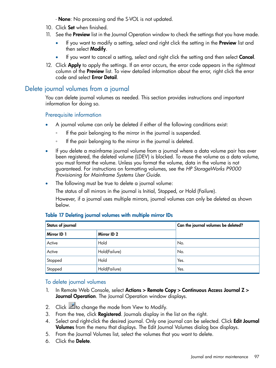 Delete journal volumes from a journal | HP XP P9500 Storage User Manual | Page 97 / 193