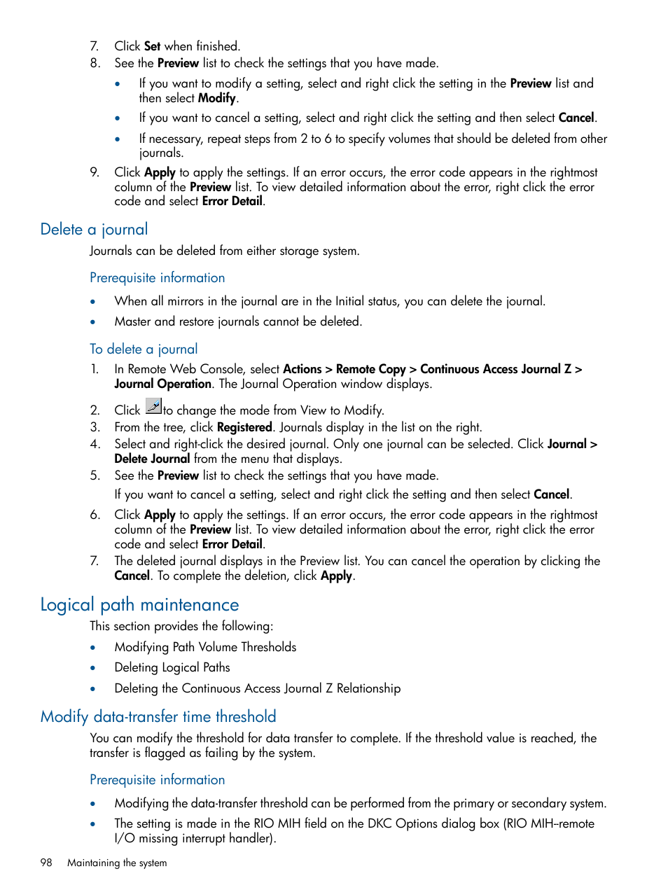 Delete a journal, Logical path maintenance, Modify data-transfer time threshold | HP XP P9500 Storage User Manual | Page 98 / 193