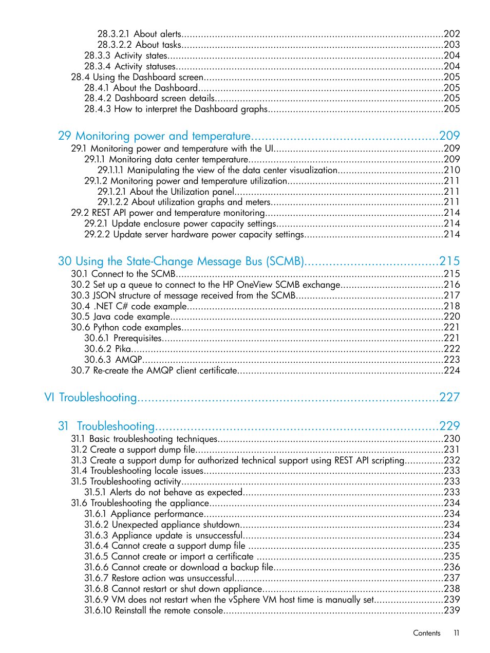 29 monitoring power and temperature, 30 using the state-change message bus (scmb), Vi troubleshooting 31 troubleshooting | HP OneView User Manual | Page 11 / 344