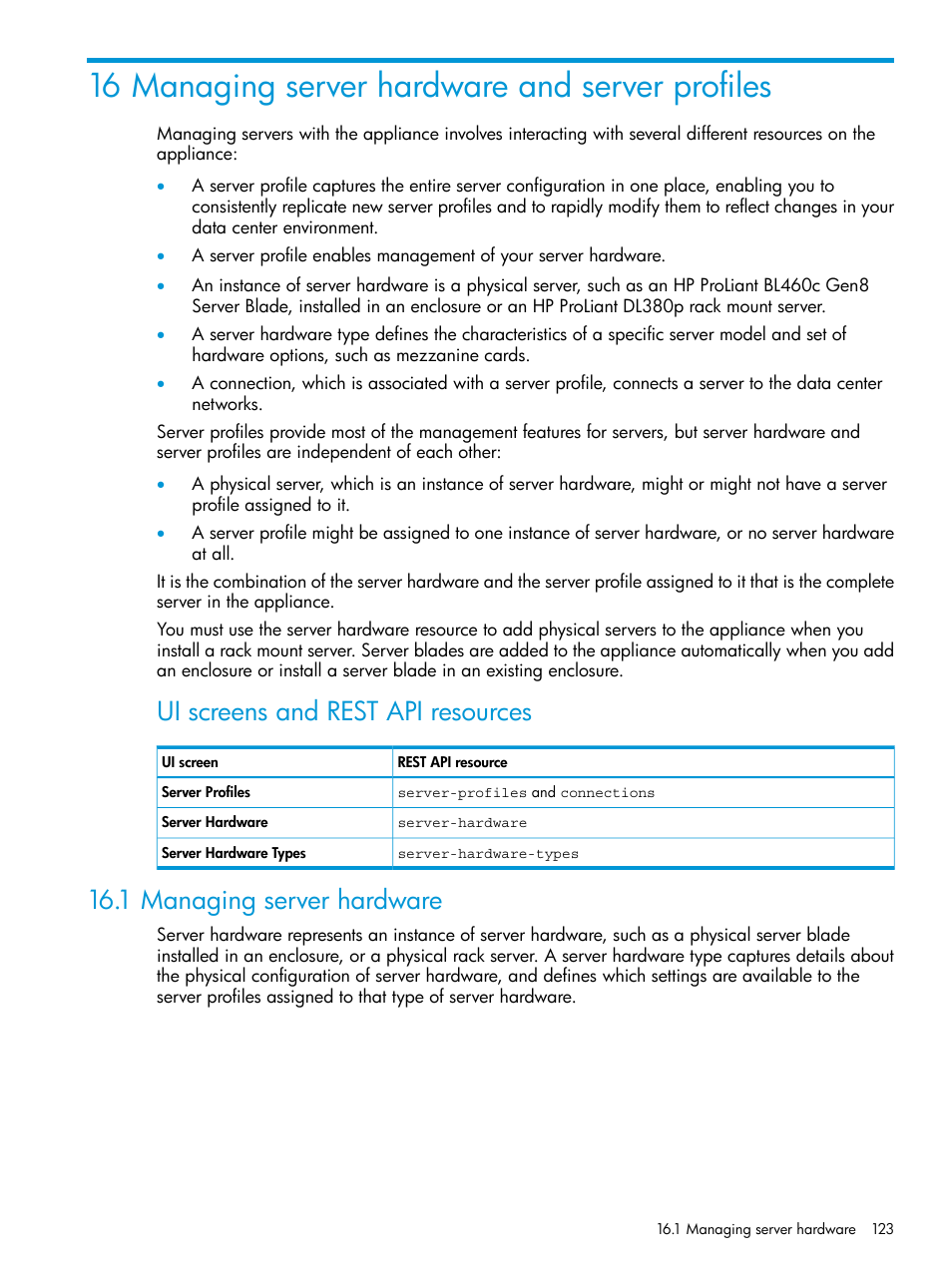 16 managing server hardware and server profiles, 1 managing server hardware, Managing server | Managing, Ui screens and rest api resources | HP OneView User Manual | Page 123 / 344