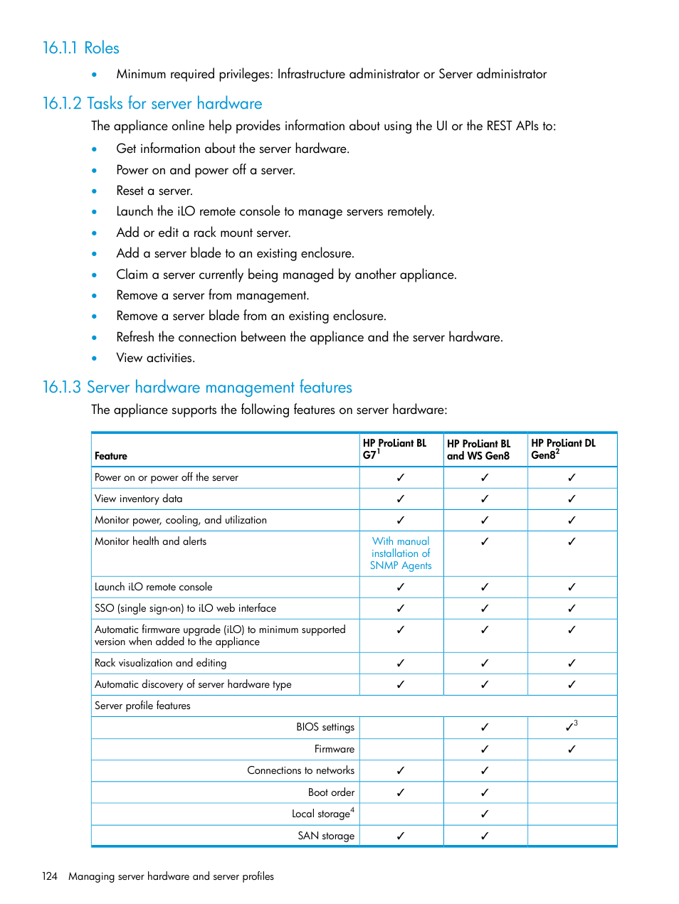 1 roles, 2 tasks for server hardware, 3 server hardware management features | Server hardware | HP OneView User Manual | Page 124 / 344
