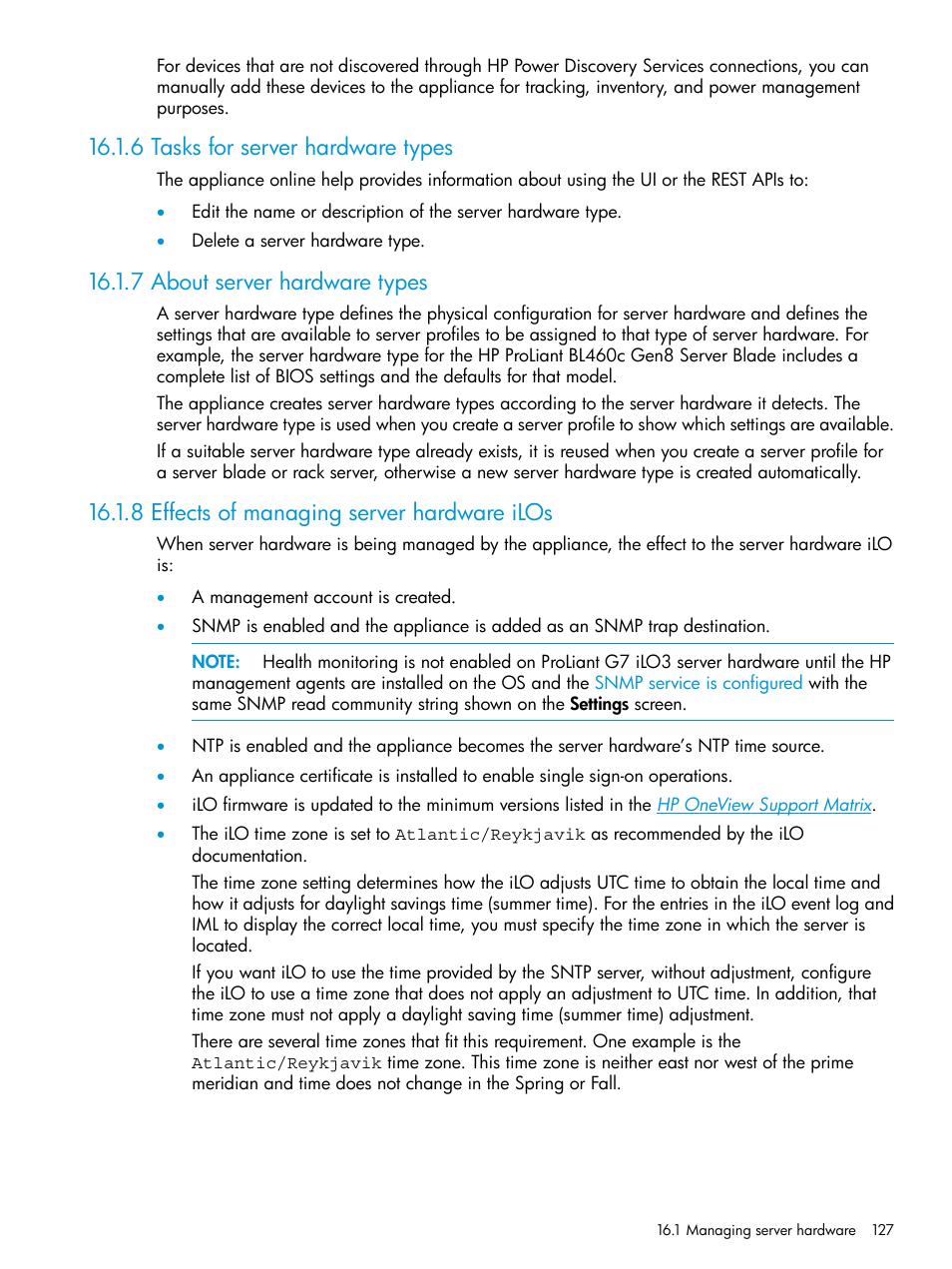 6 tasks for server hardware types, 7 about server hardware types, 8 effects of managing server hardware ilos | HP OneView User Manual | Page 127 / 344