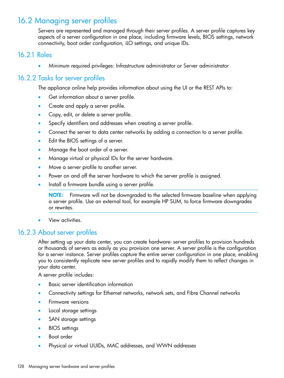 2 managing server profiles, 1 roles, 2 tasks for server profiles | 3 about server profiles, About server | HP OneView User Manual | Page 128 / 344