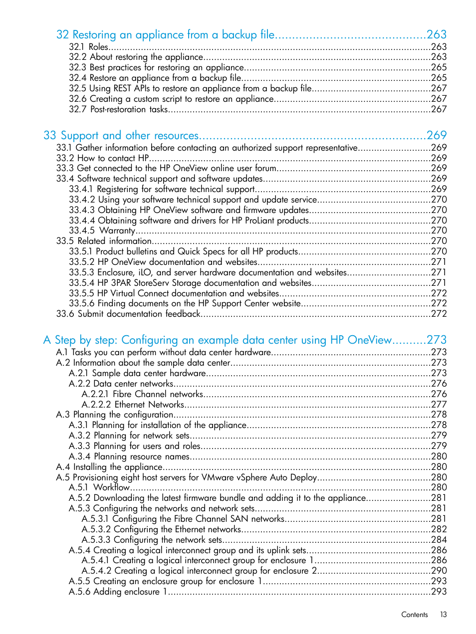 32 restoring an appliance from a backup file, 33 support and other resources | HP OneView User Manual | Page 13 / 344