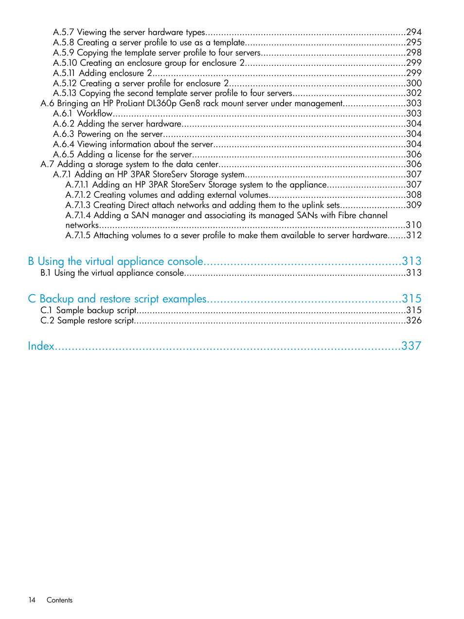 B using the virtual appliance console, C backup and restore script examples, Index | HP OneView User Manual | Page 14 / 344