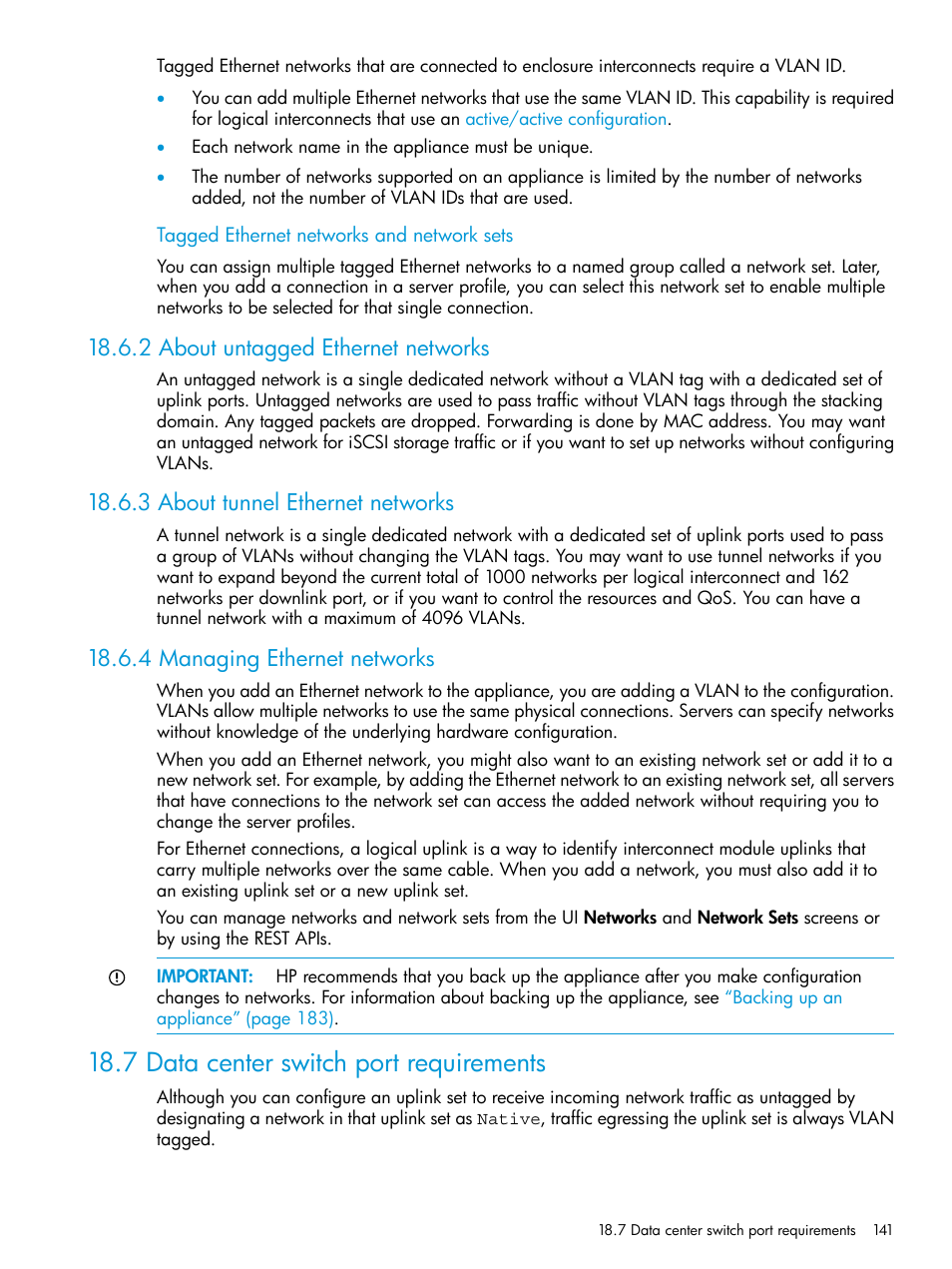 2 about untagged ethernet networks, 3 about tunnel ethernet networks, 4 managing ethernet networks | 7 data center switch port requirements | HP OneView User Manual | Page 141 / 344