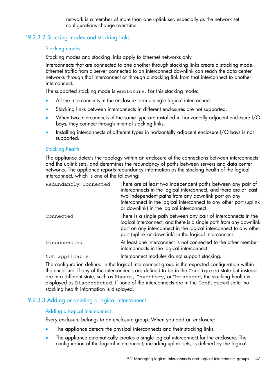 2 stacking modes and stacking links, 3 adding or deleting a logical interconnect | HP OneView User Manual | Page 147 / 344