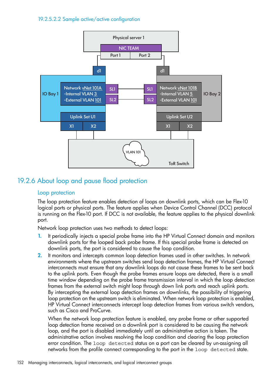 2 sample active/active configuration, 6 about loop and pause flood protection, Loop protection | HP OneView User Manual | Page 152 / 344