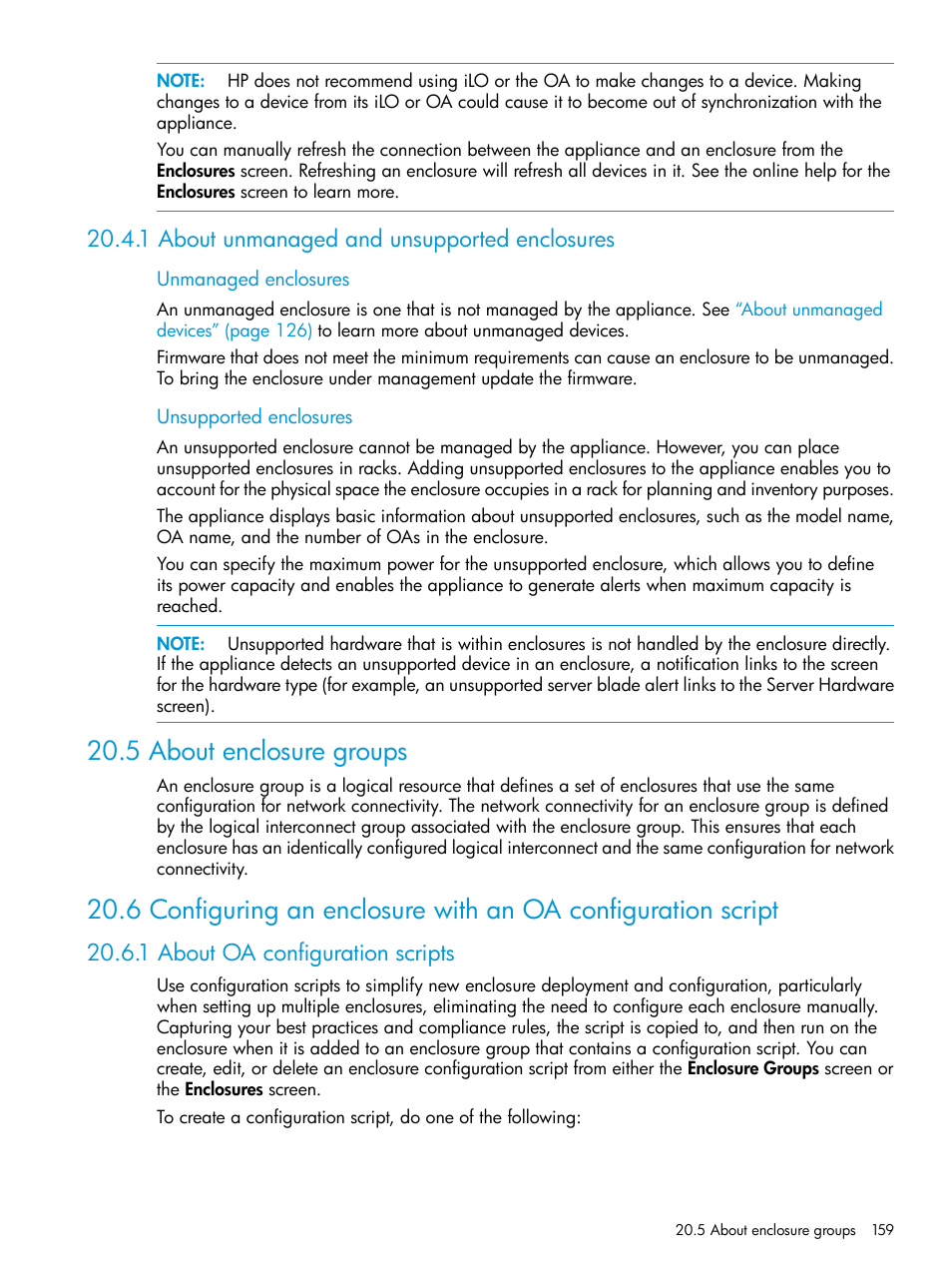 1 about unmanaged and unsupported enclosures, 5 about enclosure groups, 1 about oa configuration scripts | HP OneView User Manual | Page 159 / 344