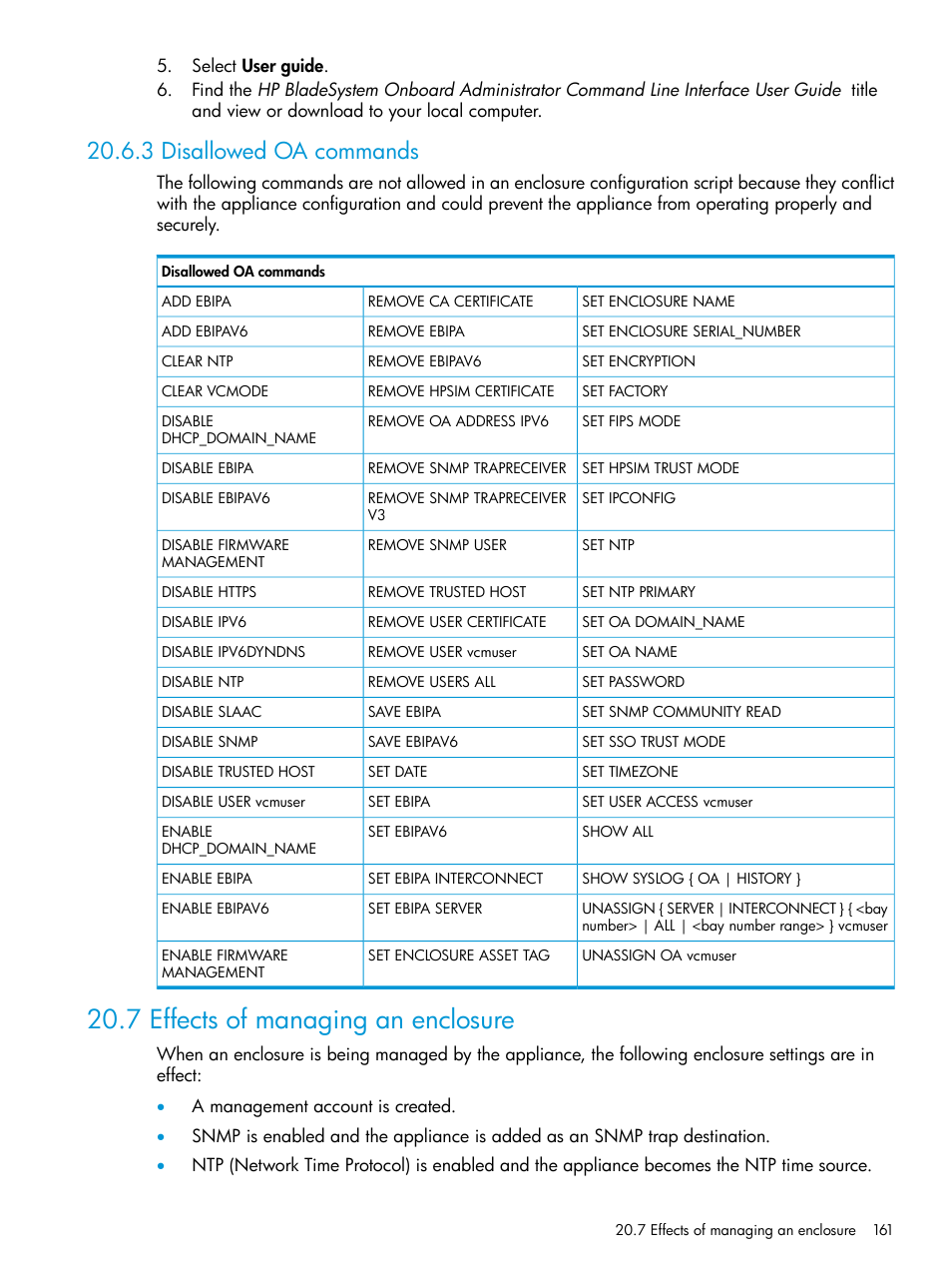 3 disallowed oa commands, 7 effects of managing an enclosure | HP OneView User Manual | Page 161 / 344