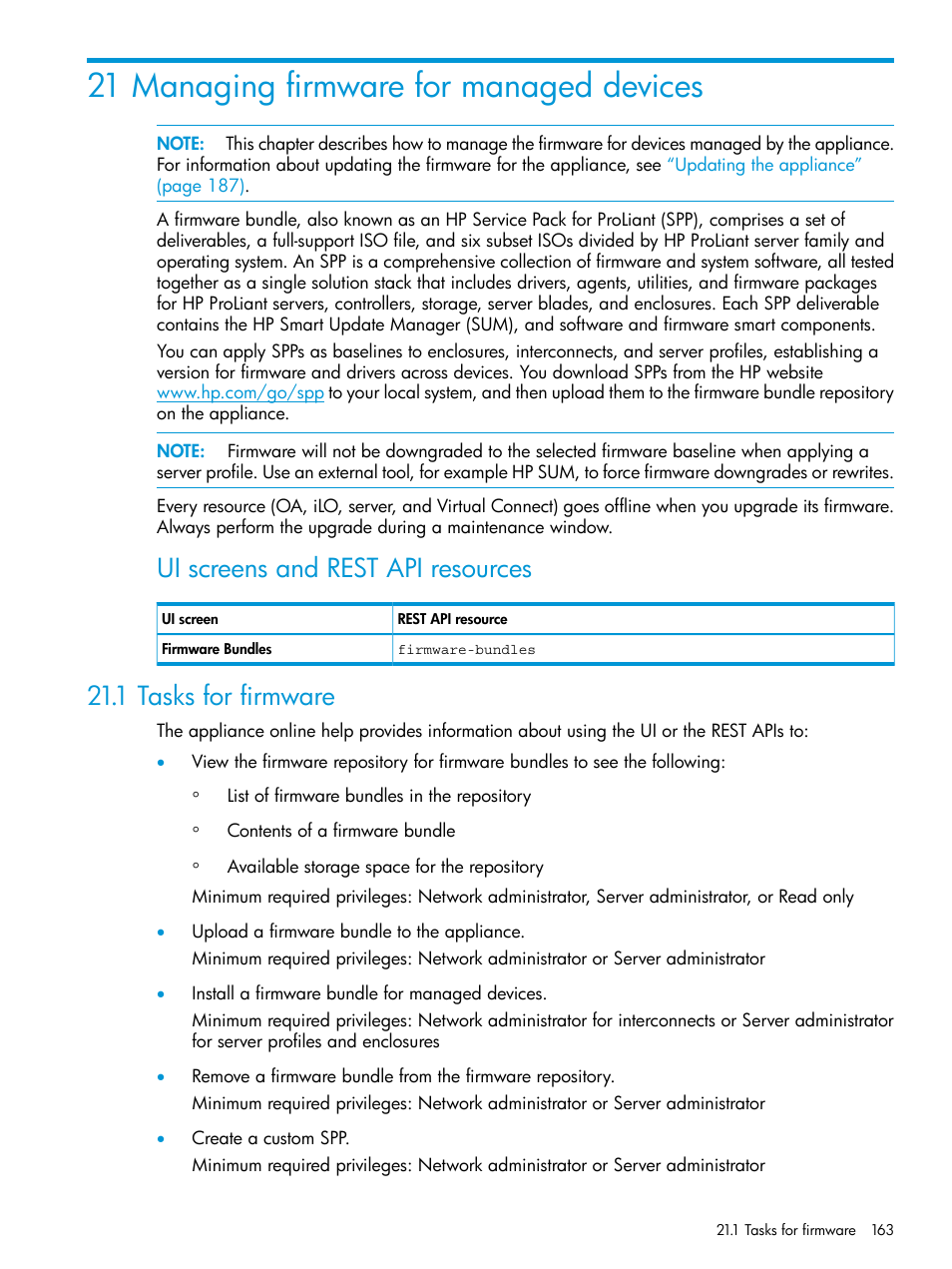 21 managing firmware for managed devices, 1 tasks for firmware, Ui screens and rest api resources | HP OneView User Manual | Page 163 / 344