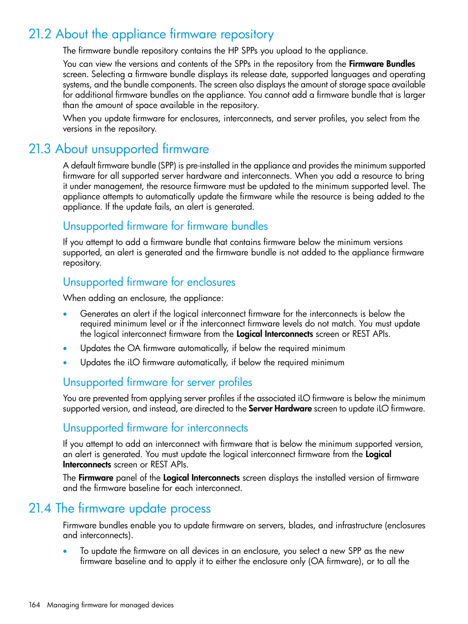 2 about the appliance firmware repository, 3 about unsupported firmware, 4 the firmware update process | HP OneView User Manual | Page 164 / 344