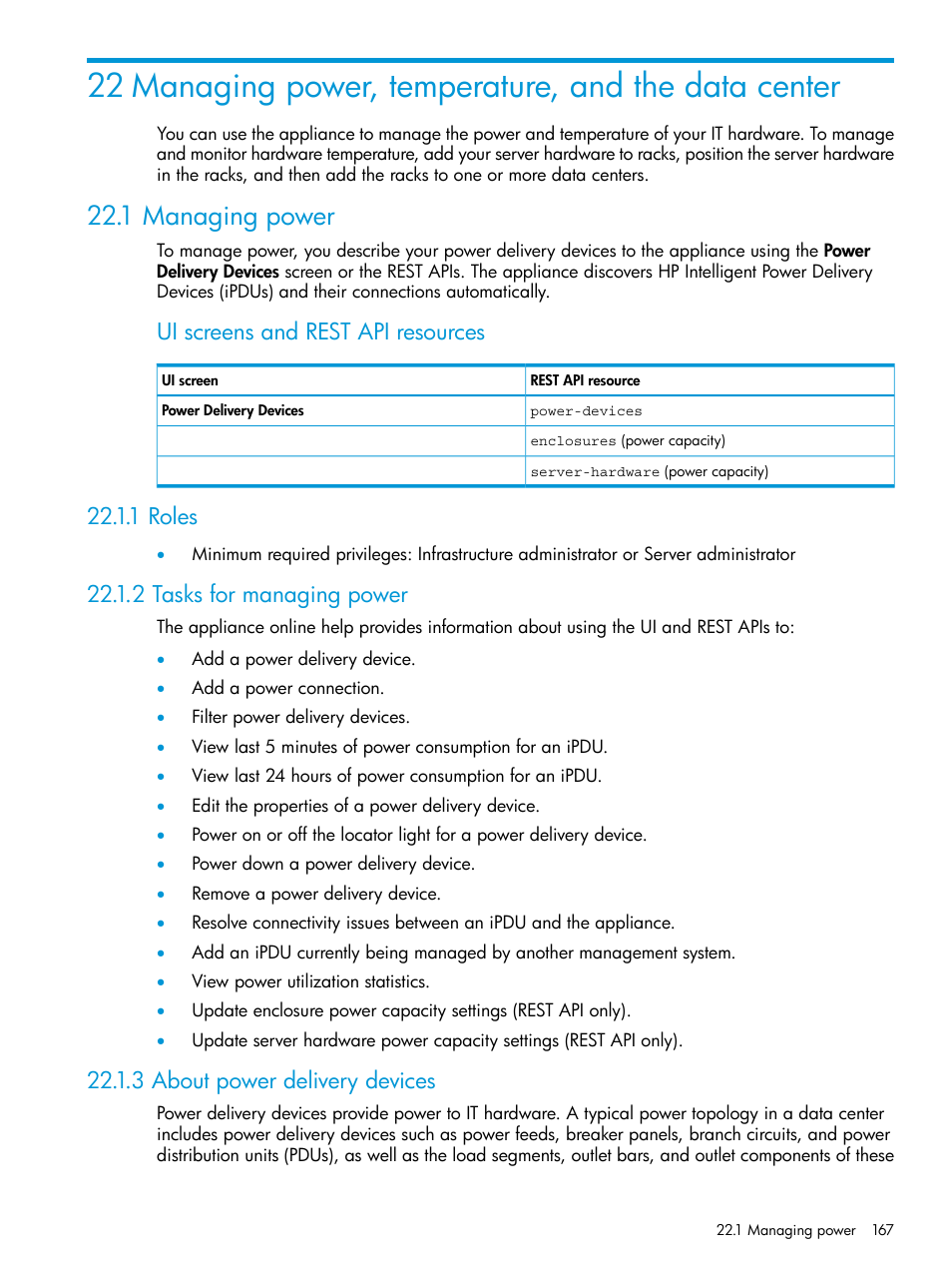 1 managing power, 1 roles, 2 tasks for managing power | 3 about power delivery devices, Ui screens and rest api resources | HP OneView User Manual | Page 167 / 344