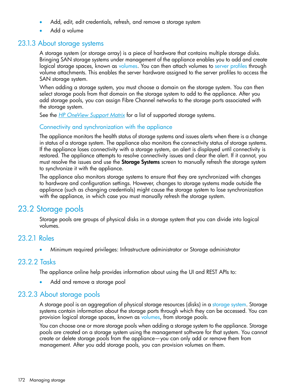 3 about storage systems, 2 storage pools, 1 roles | 2 tasks, 3 about storage pools, 1 roles 23.2.2 tasks 23.2.3 about storage pools | HP OneView User Manual | Page 172 / 344