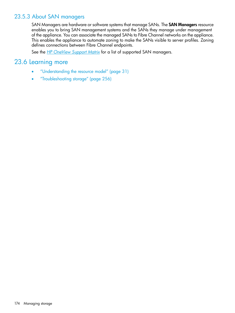 3 about san managers, 6 learning more | HP OneView User Manual | Page 174 / 344