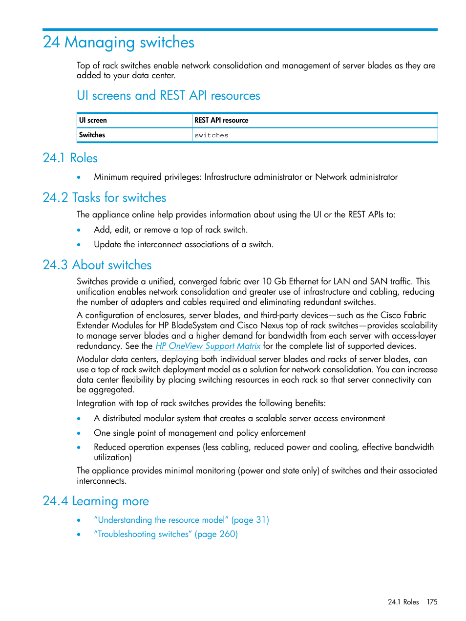 24 managing switches, 1 roles, 2 tasks for switches | 3 about switches, 4 learning more, Ui screens and rest api resources | HP OneView User Manual | Page 175 / 344