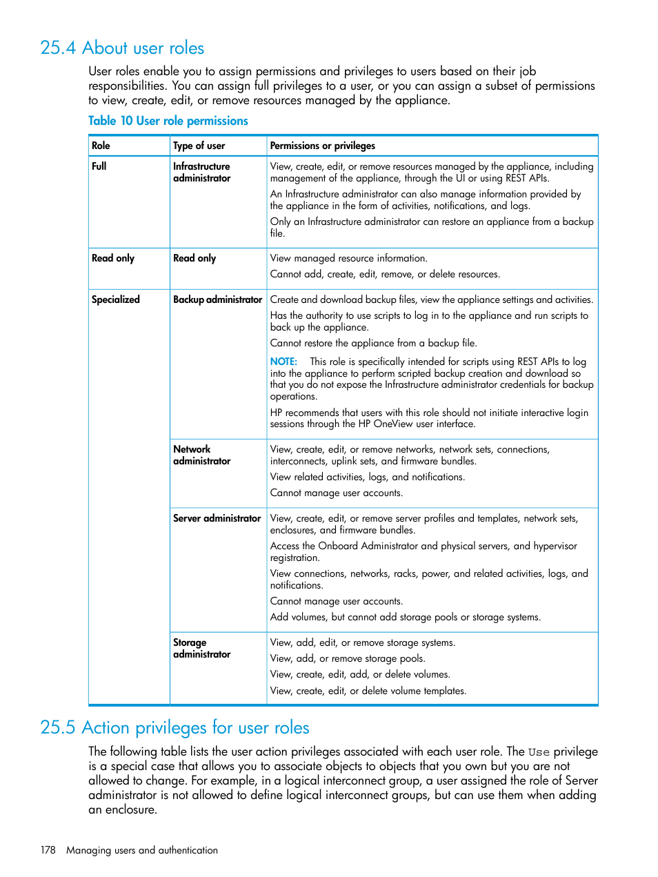 4 about user roles, 5 action privileges for user roles, Default roles | HP OneView User Manual | Page 178 / 344