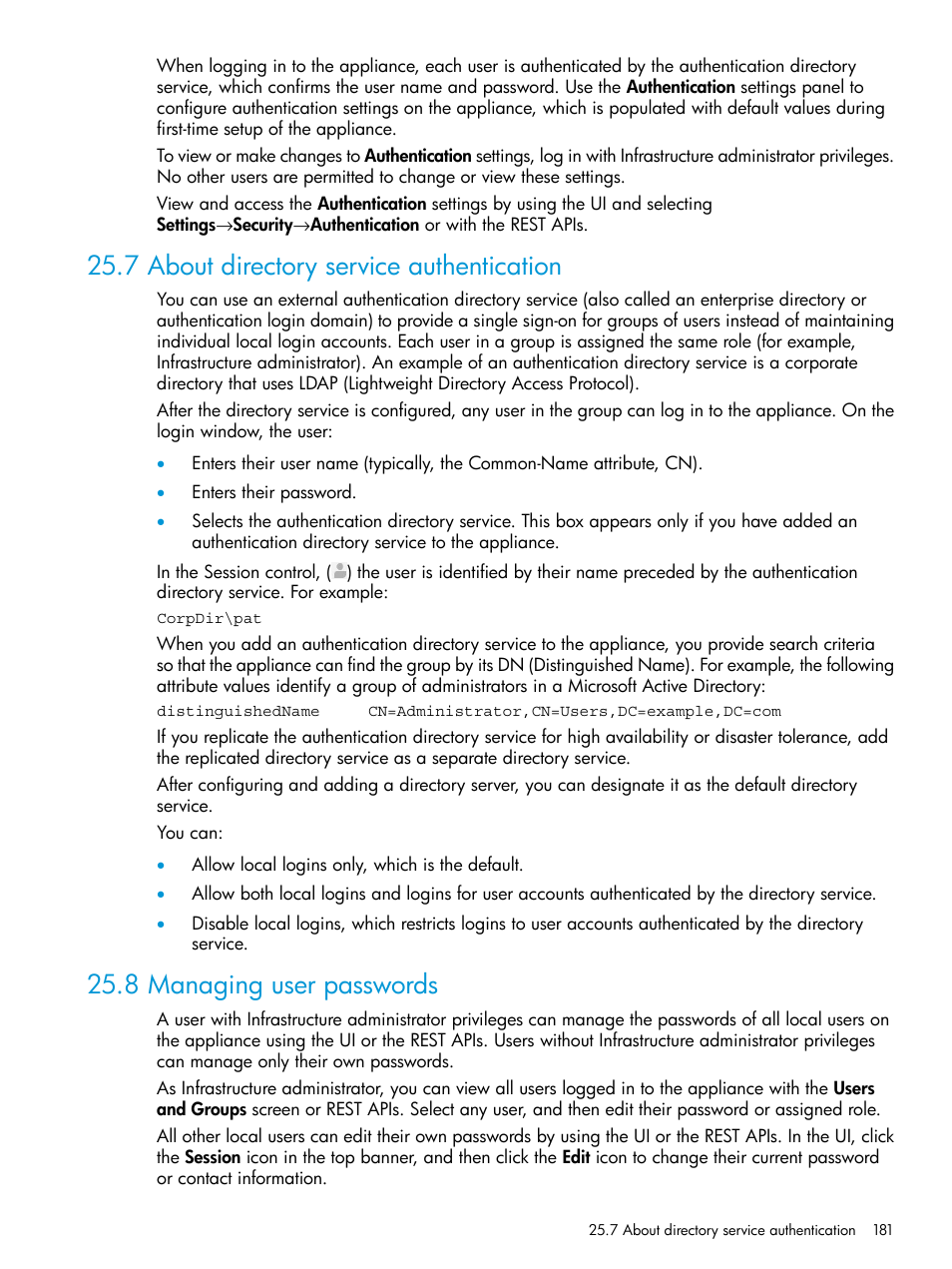 7 about directory service authentication, 8 managing user passwords | HP OneView User Manual | Page 181 / 344