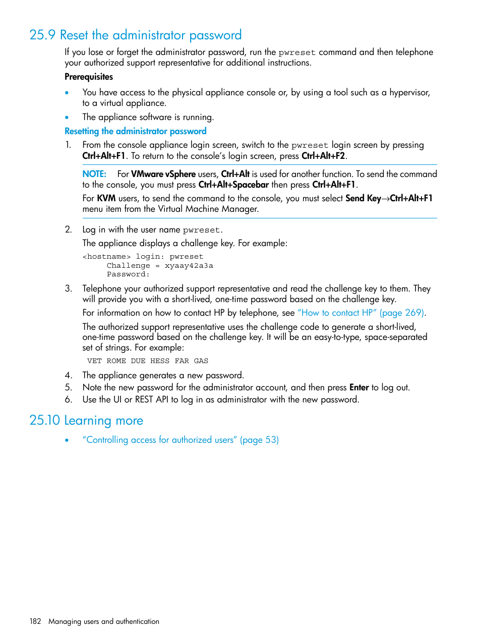 9 reset the administrator password, 10 learning more, Reset the administrator password | HP OneView User Manual | Page 182 / 344