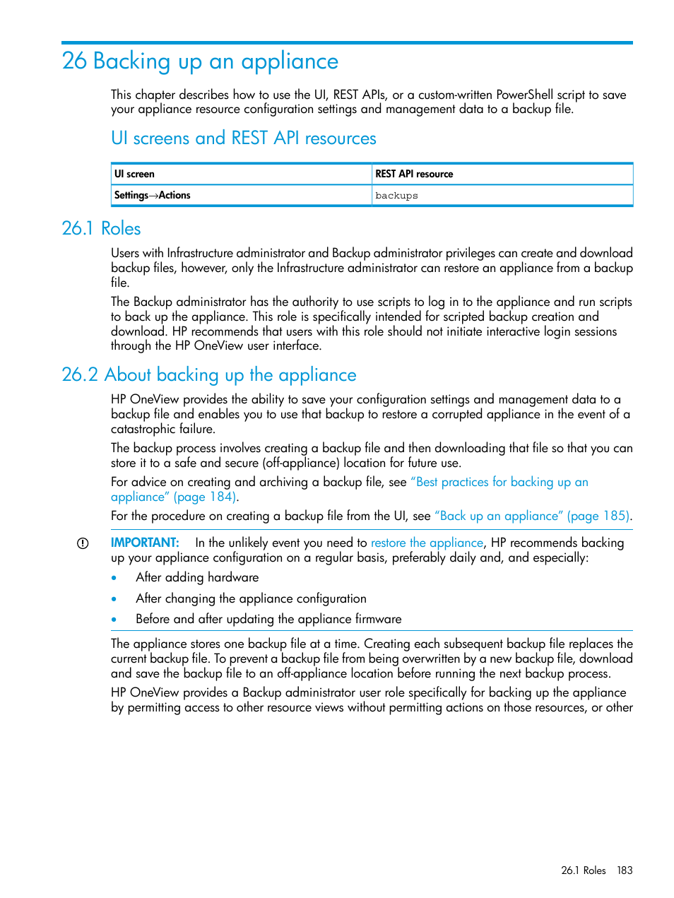 26 backing up an appliance, 1 roles, 2 about backing up the appliance | 1 roles 26.2 about backing up the appliance, Backing up an appliance, Ui screens and rest api resources | HP OneView User Manual | Page 183 / 344