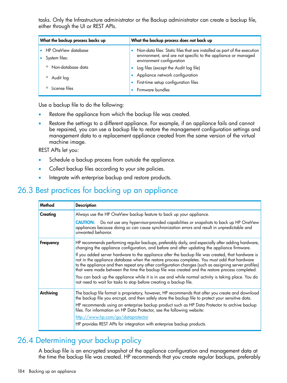 3 best practices for backing up an appliance, 4 determining your backup policy, Best practices for backing up an | HP OneView User Manual | Page 184 / 344