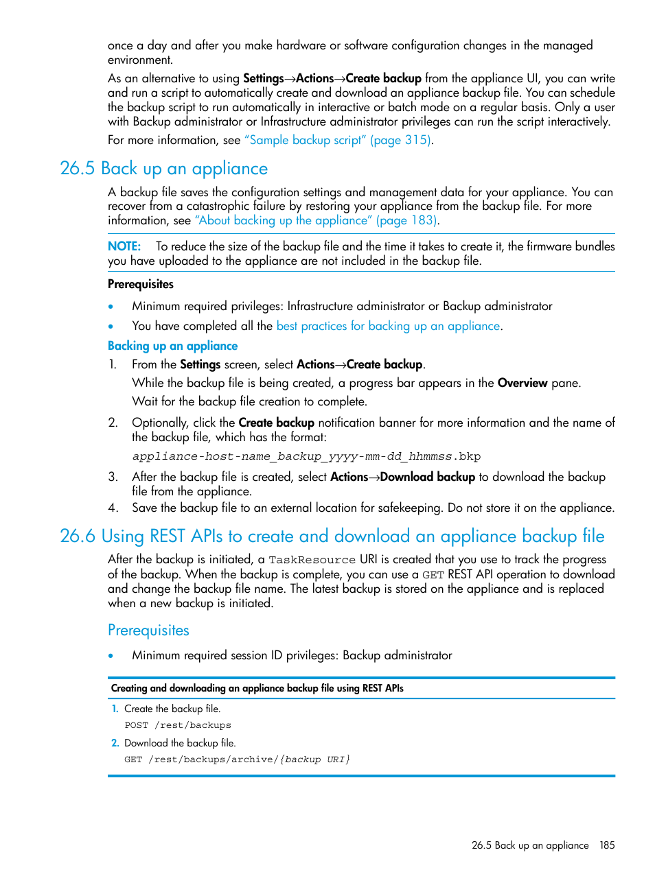 5 back up an appliance, Prerequisites | HP OneView User Manual | Page 185 / 344