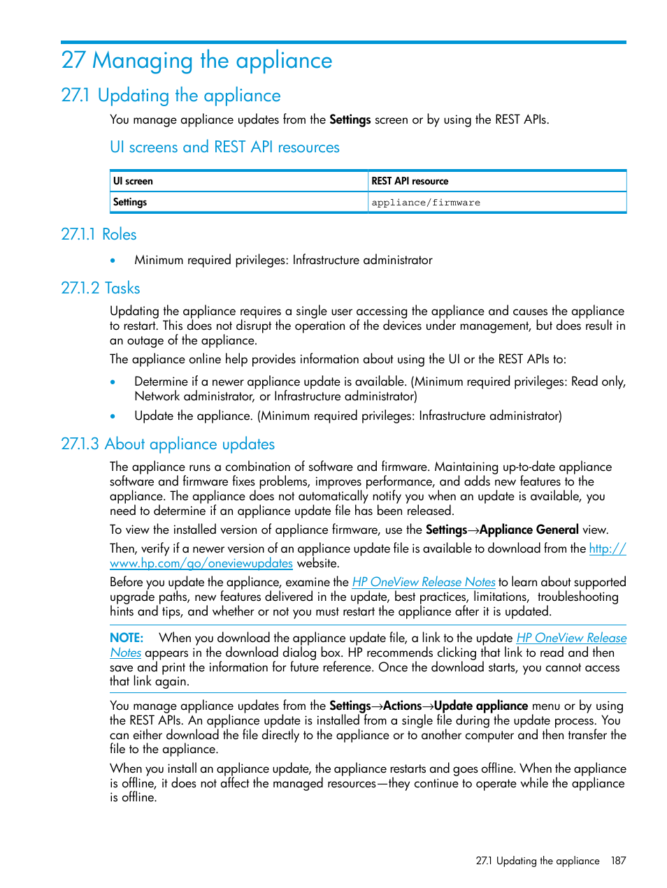 27 managing the appliance, 1 updating the appliance, 1 roles | 2 tasks, 3 about appliance updates, Ui screens and rest api resources | HP OneView User Manual | Page 187 / 344