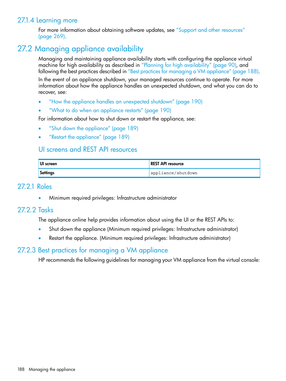 4 learning more, 2 managing appliance availability, 1 roles | 2 tasks, 3 best practices for managing a vm appliance, Managing appliance availability, Ui screens and rest api resources | HP OneView User Manual | Page 188 / 344
