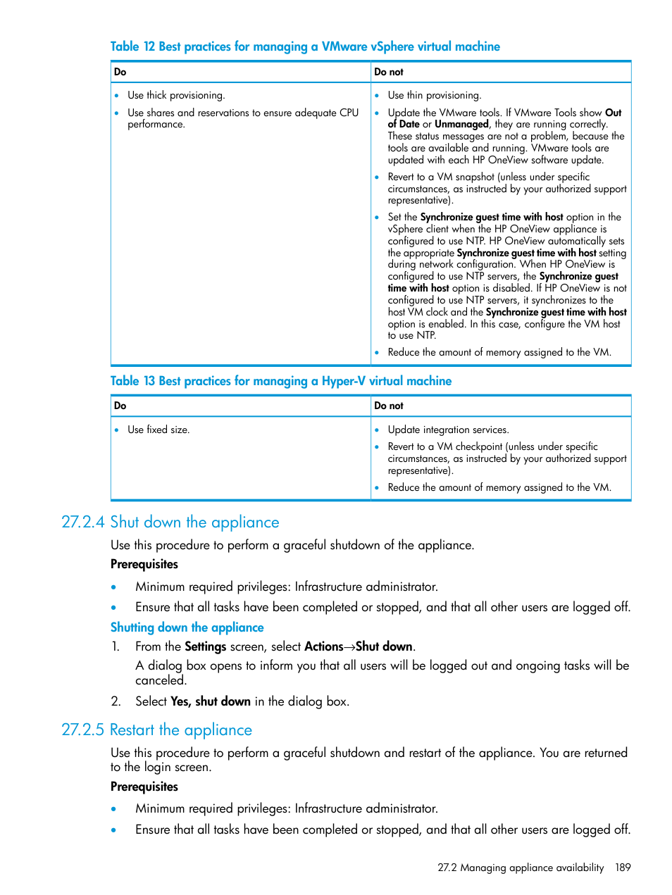 4 shut down the appliance, 5 restart the appliance | HP OneView User Manual | Page 189 / 344