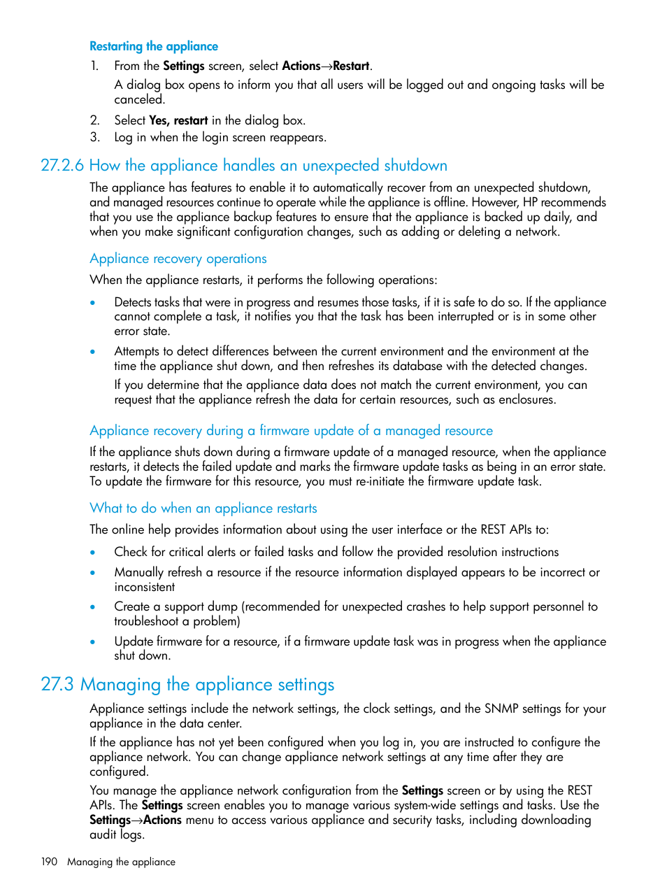 6 how the appliance handles an unexpected shutdown, 3 managing the appliance settings | HP OneView User Manual | Page 190 / 344
