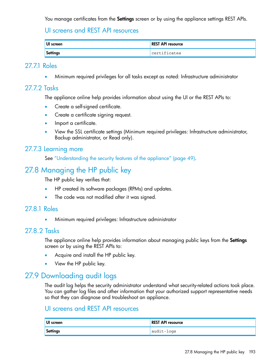 1 roles, 2 tasks, 3 learning more | 8 managing the hp public key, 9 downloading audit logs, 1 roles 27.7.2 tasks 27.7.3 learning more, 1 roles 27.8.2 tasks, Ui screens and rest api resources | HP OneView User Manual | Page 193 / 344