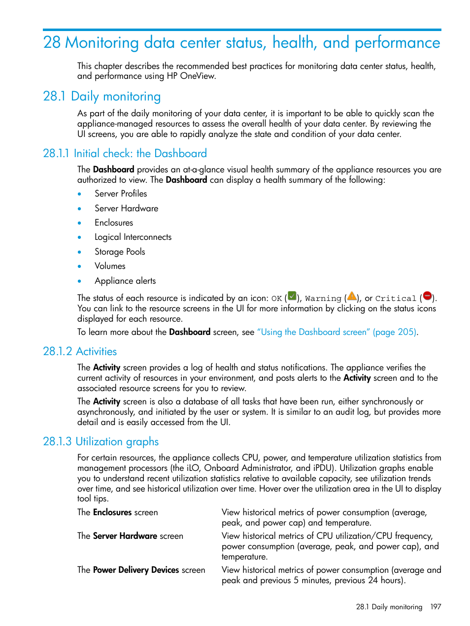 1 daily monitoring, 1 initial check: the dashboard, 2 activities | 3 utilization graphs | HP OneView User Manual | Page 197 / 344