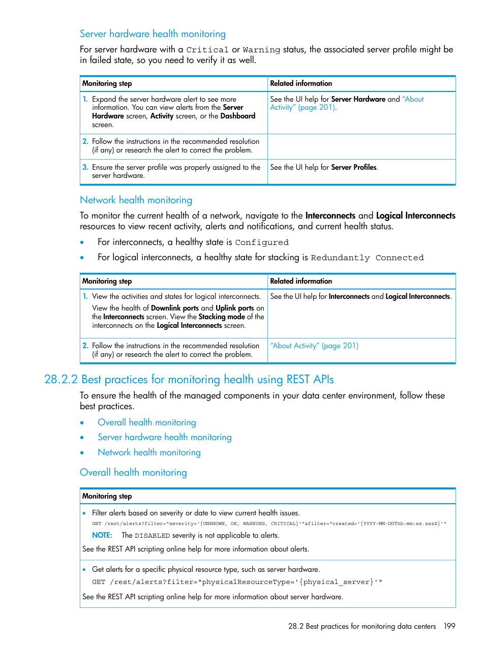 Server hardware health monitoring, Network health monitoring, Overall health monitoring | HP OneView User Manual | Page 199 / 344